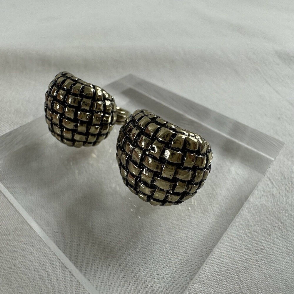 Vintage Monet Silver Tone & Black Textured Half‎ Hoop Clip On Earrings 0.75"